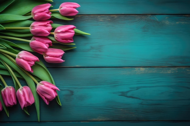 Tulipanes rosas sobre un fondo de madera azul