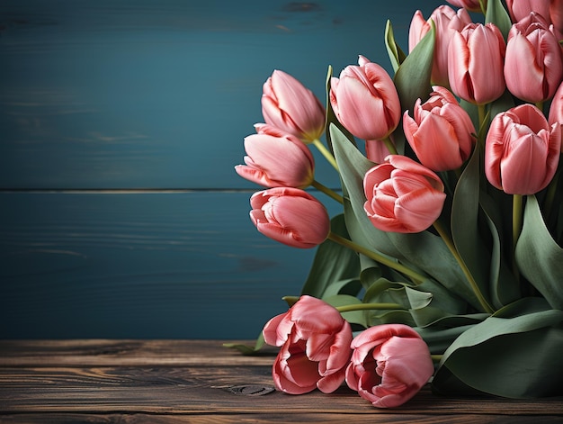 tulipanes rosas sobre fondo de madera IA generativa