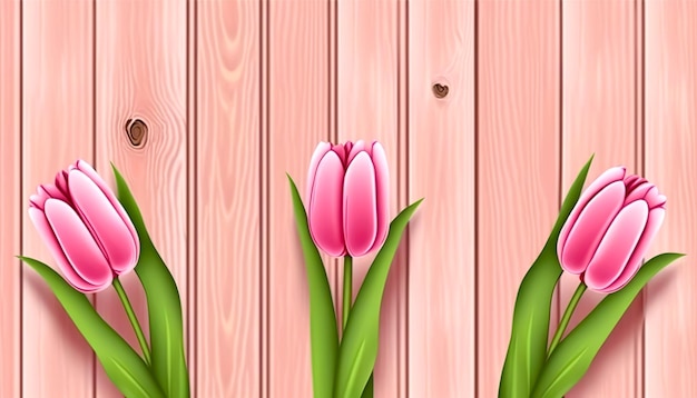 Tulipanes rosas sobre una superficie de madera IA generativa