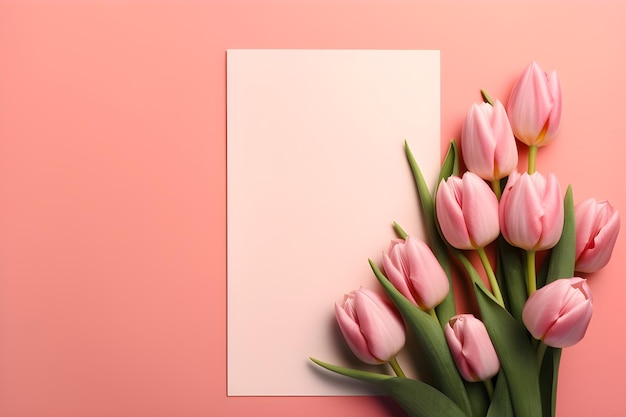 Tulipanes rosas con una tarjeta vacía para el día de la madre.