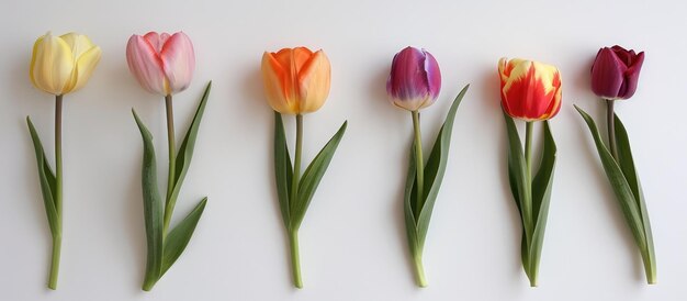 Tulipanes seis flores separadas contra un fondo blanco