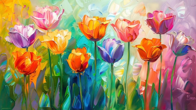 Foto los tulipanes en technicolor pintura al óleo de los tulipanes arco iris que estallan con colores vibrantes y vivos que irradian alegría y alegría