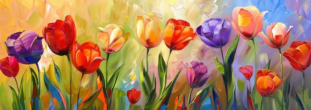 Los tulipanes en Technicolor Pintura al óleo de los tulipanes arco iris que estallan con colores vibrantes y vivos que irradian alegría y alegría