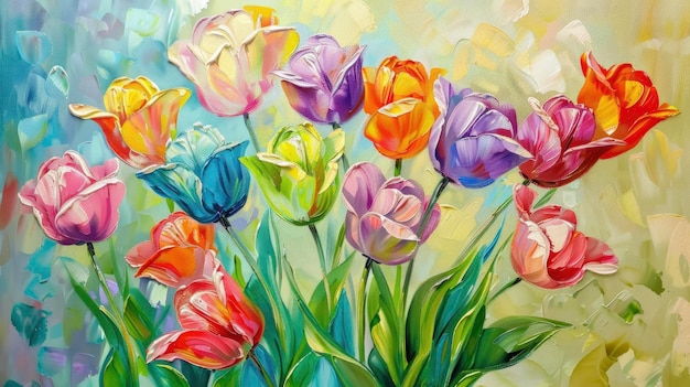 Los tulipanes en Technicolor Pintura al óleo de los tulipanes arco iris que estallan con colores vibrantes y vivos que irradian alegría y alegría