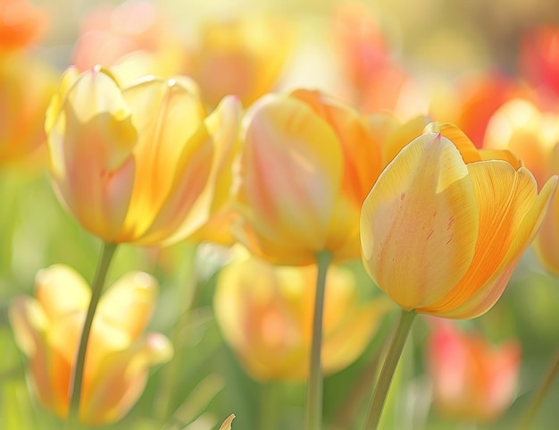 Los tulipanes vibrantes se bañan en la luz del sol