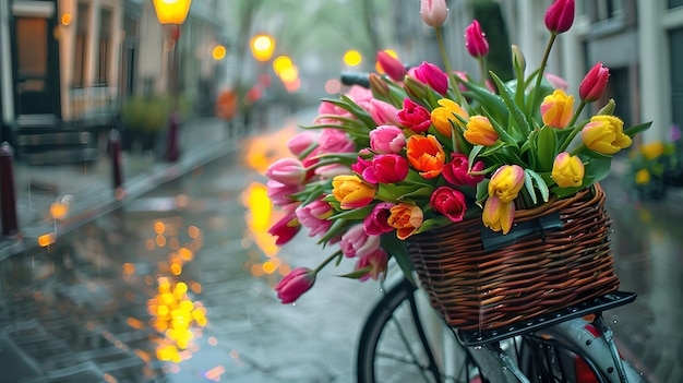 Tulipanes vibrantes en una canasta de mimbre en una bicicleta clásica Un encantador ambiente callejero de la ciudad Perfecto para la primavera y temas románticos Fondo urbano lluvioso IA