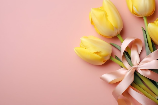 Tulipas amarelas com uma fita em um fundo rosa