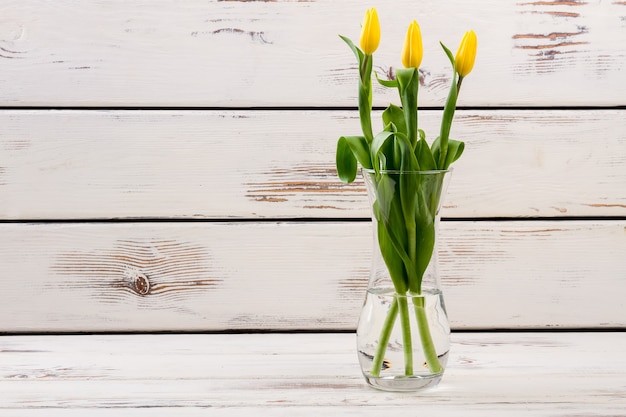 Tulipas amarelas em vaso de vidro com flores decoram seu quarto com plantas frescas como presente