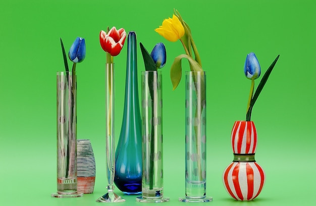 Tulipas artificiais em vasos de vidro