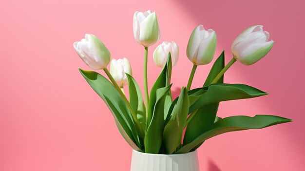 Tulipas brancas e cor-de-rosa com folhas verdes dispostas cuidadosamente contra um fundo rosa suave