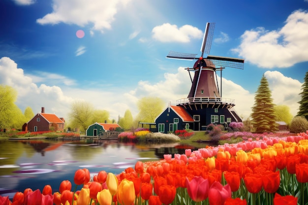 Tulipas coloridas e moinho de vento em Zaanse Schans Holanda Paisagem com tulipas em Zaanse Schans Holanda Europa AI gerada