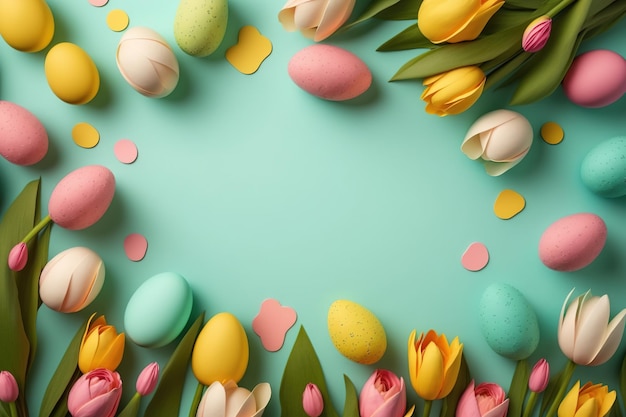 Tulipas coloridas e ovos sobre fundo verde-azulado com espaço de cópia para a celebração da páscoa