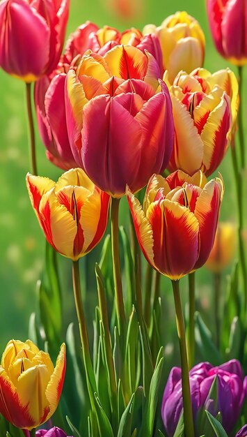 Tulipas coloridas e vibrantes florescem num campo de grama verde, iluminadas por uma suave luz natural.