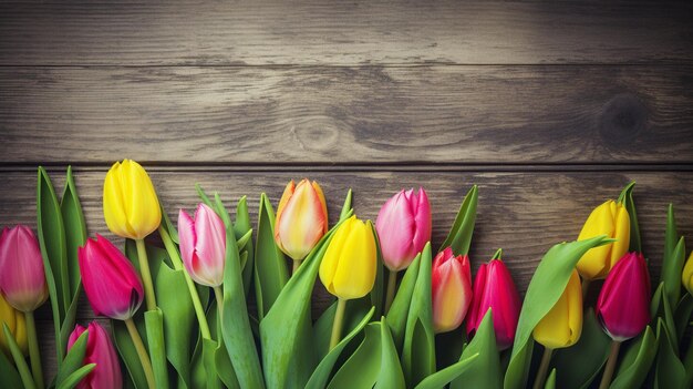 Tulipas coloridas em um fundo de madeira