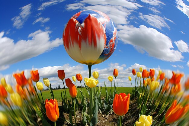 Tulipas com uma esfera fotográfica de 360 graus