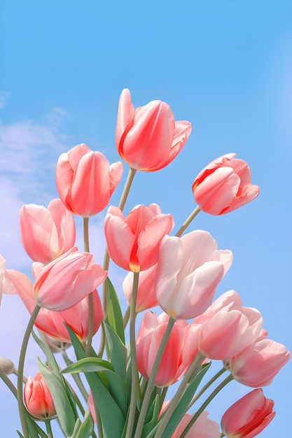 Tulipas cor de rosa contra um céu azul