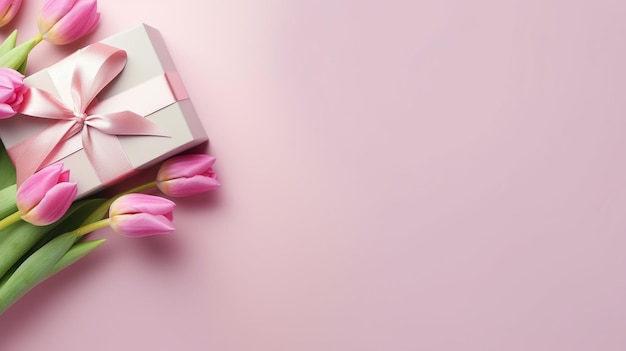 tulipas cor-de-rosa e caixa de presentes em um fundo rosa