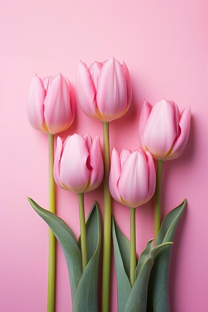 Tulipas cor-de-rosa em fila de pé sobre um fundo rosa