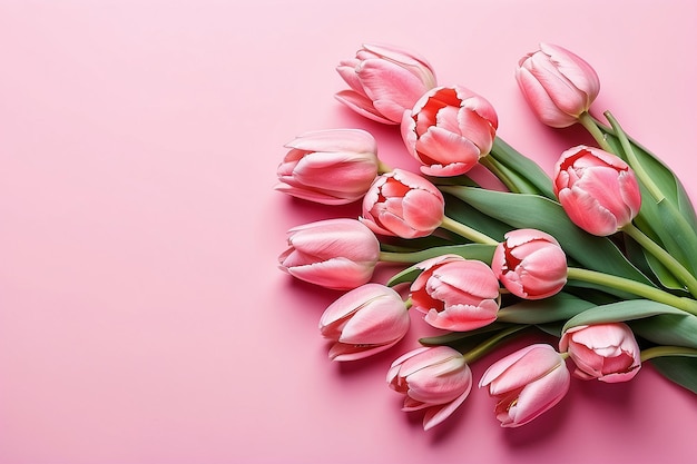 Tulipas cor-de-rosa em fundo rosa Cartão para o dia das mães 8 de março Feliz Páscoa À espera da primavera Cartão de saudação ou convite para casamento Vista superior plana