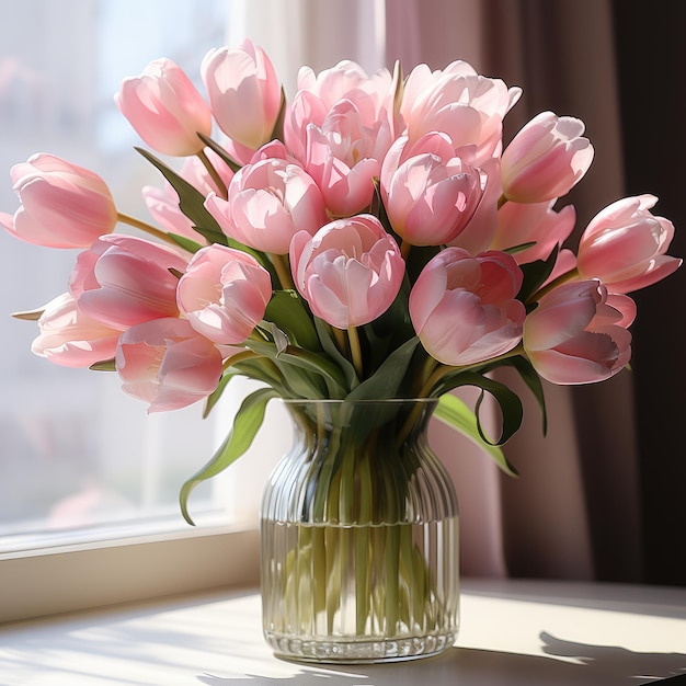 tulipas cor de rosa estão em um vaso transparente em cima de uma mesa de vidro gerada por IA