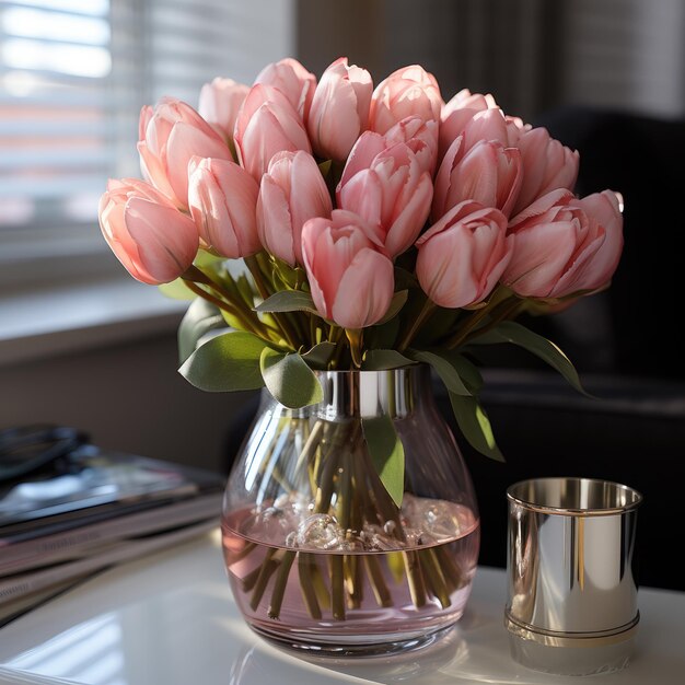 tulipas cor de rosa estão em um vaso transparente em cima de uma mesa de vidro gerada por IA