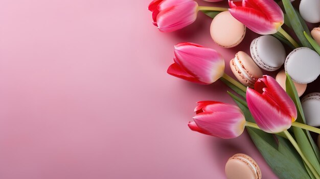 Tulipas cor de rosa, flores de primavera com macaroons em fundo de mármore rosa, dia das mães, doce