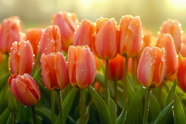 Tulipas cor-de-rosa vibrantes com gotas de água na luz do sol matinal Flores frescas da primavera Pétalas de orvalho de campo