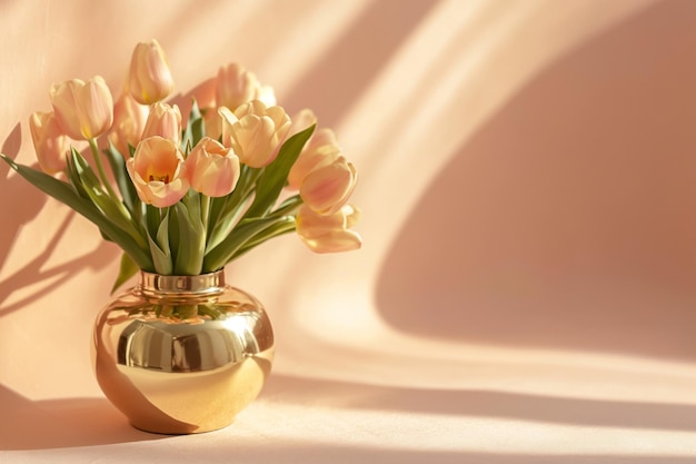 Tulipas cor-de-rosa vibrantes em um vaso de ouro lançando sombras suaves em um fundo pastel