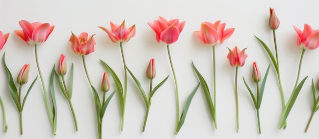 Foto tulipas criativamente dispostas sobre um fundo branco em um estilo plano