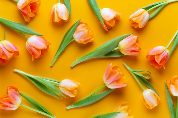 Tulipas de cor pastéis amarelos no fundo amarelo. Estilo vintage retrô. Natureza morta, arte plana leiga.