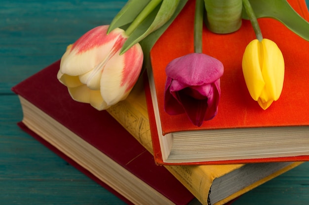 Tulipas de flores e livros em uma mesa de madeira azul