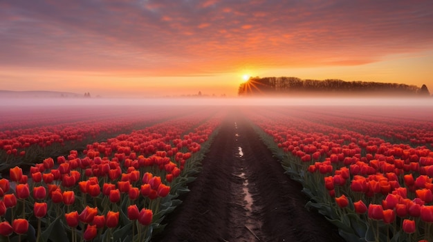 Tulipas em flor no início da manhã nebulosa