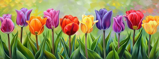 Tulipas em Technicolor Pintura a óleo de tulipas arco-íris rebentando com cores vibrantes e vivas irradiando alegria e alegria