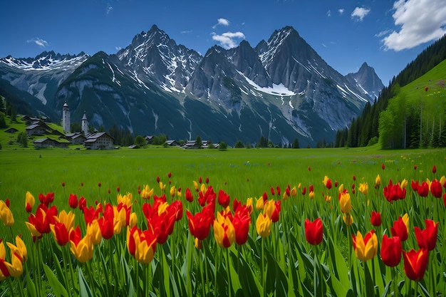 Tulipas em um campo com montanhas ao fundo