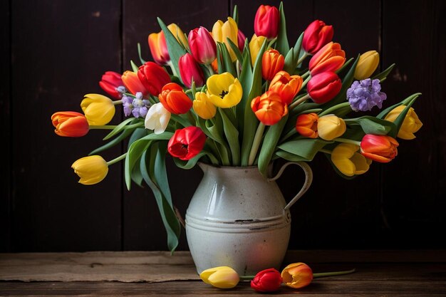 tulipas em um vaso com fundo de madeira