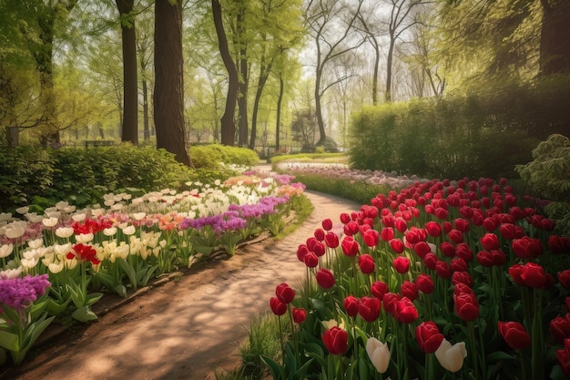 Tulipas florescendo em um jardim pitoresco