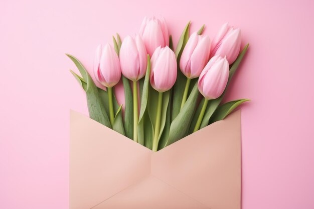 Tulipas frescas em um envelope de artesanato em um fundo rosa