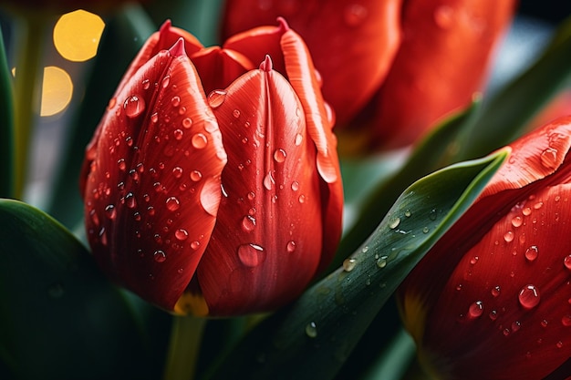 Tulipas IA generativas fecham gotas de água em fotografia macro de flores