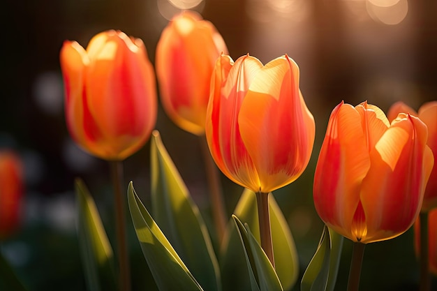 Tulipas laranja seguidas com o sol atrás delas