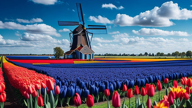 Tulipas na Holanda com um moinho de vento ao fundo