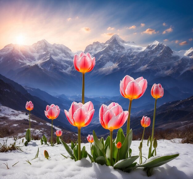 Tulipas no fundo de montanhas cobertas de neve