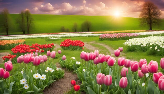 tulipas num campo de flores