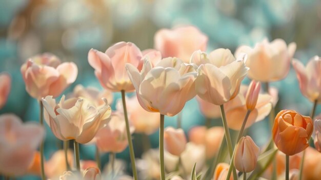 Tulipas pastel suaves banhadas em luz quente Um mar tranquilo de tulipas pastel sob um brilho suave criando uma paisagem floral idílica e serena que acalma os sentidos