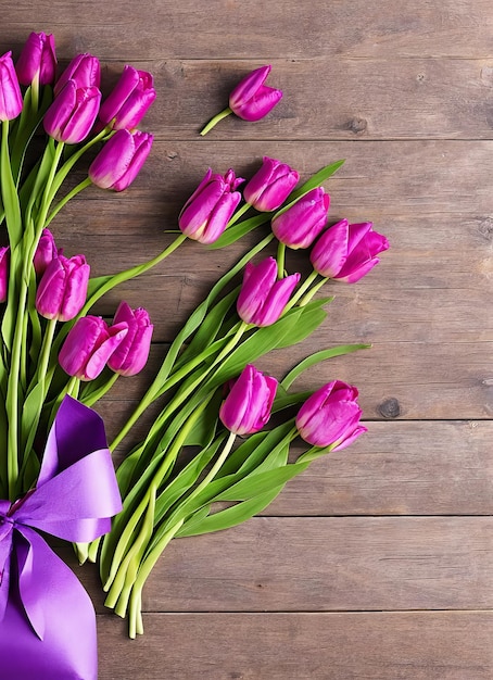 Foto tulipas roxas com um laço roxo em uma mesa de madeira