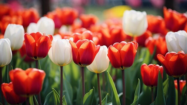 Tulipas vermelhas e brancas fecham foto com flores seletivas