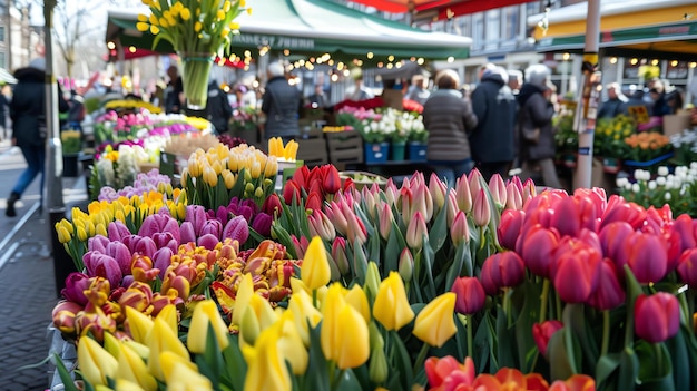 Tulipas vibrantes de várias cores à venda num movimentado mercado de flores Os compradores podem ser vistos ao fundo a percorrer a seleção de flores