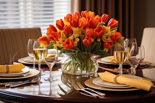 Tulips en un jarrón en una mesa de comedor para una comida