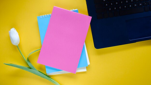 Tulpe und Notizbücher neben einem Laptop