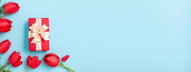 Tulpen auf einem blauen Panoramahintergrund ein Geschenk mit einer Schleife Grußkarte Generative KI Generative KI