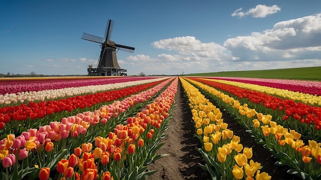 Tulpen auf einem Feld mit einer Windmühle und einem blauen bewölkten Himmel Tulpenblumen im Hintergrund Panorama